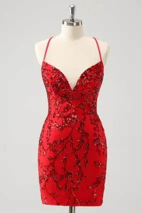 Sparkly Red Floral Tight Short Homecoming Dress with Sequins