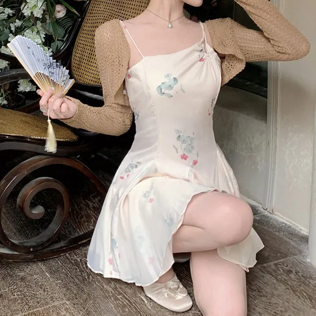 Splicing Mesh Cami Dress Hollow Cardigan Shawl Blouse
