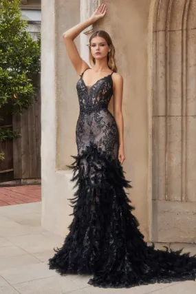 Starla Feather Accented Mermaid Prom Dress 6201116TAR-Black Andrea & Leo A1116