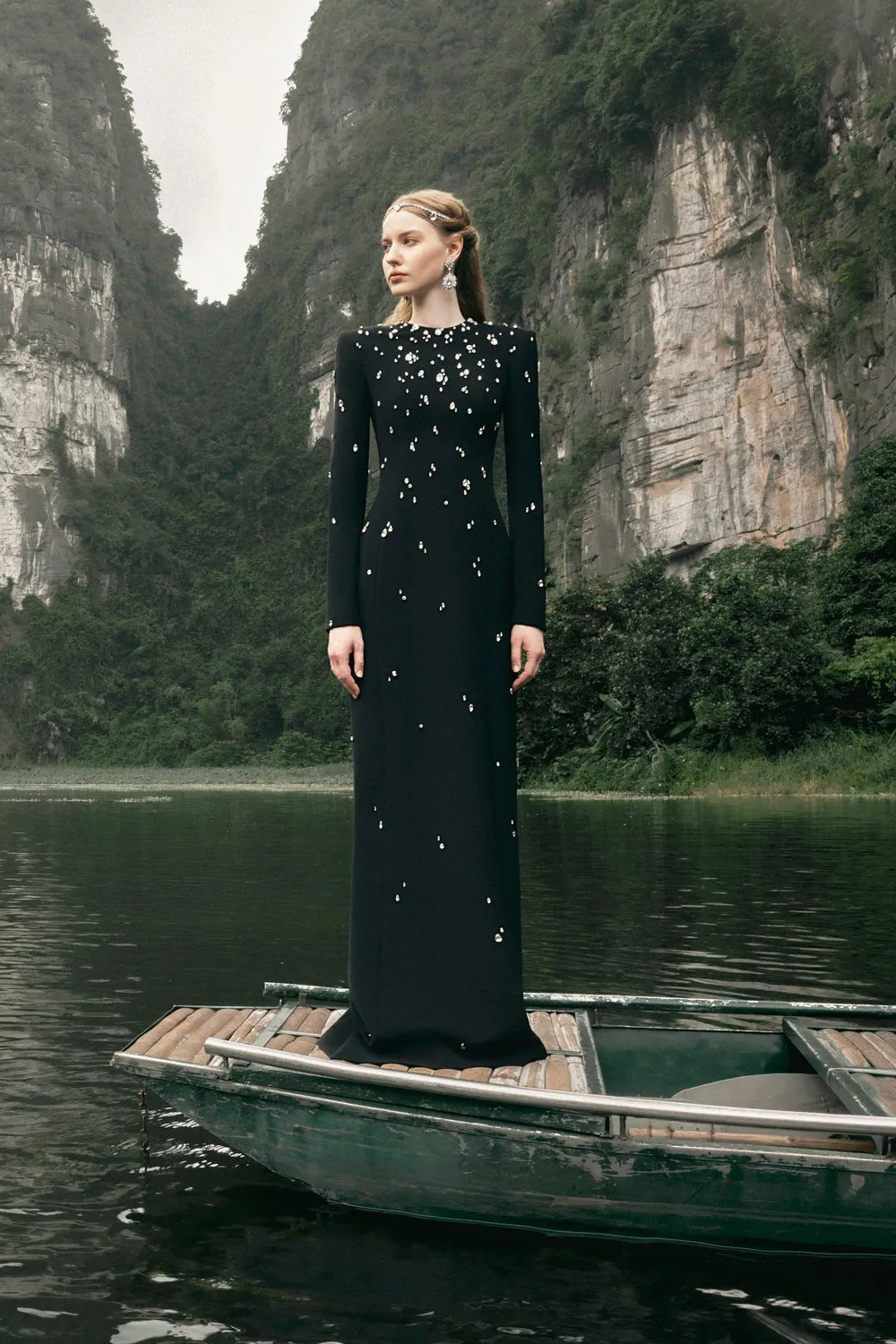 Stone Embellished Long Sleeve Dress