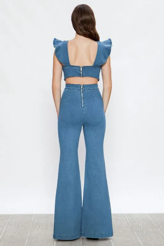 Stretch Ruffle Sleeves Denim Cut Out Jumpsuit