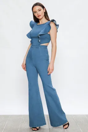 Stretch Ruffle Sleeves Denim Cut Out Jumpsuit