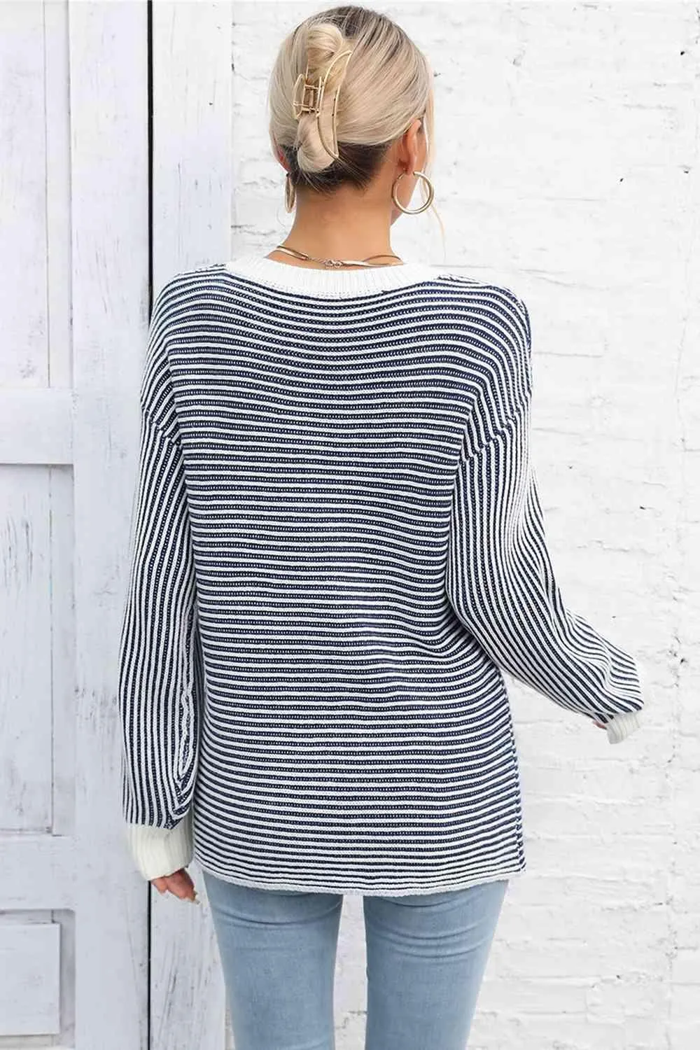 Thermal Crew Neck Striped Knit Sweater