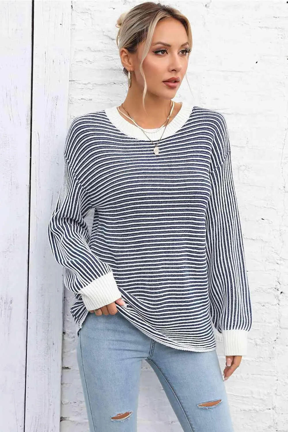 Thermal Crew Neck Striped Knit Sweater