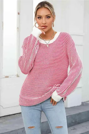 Thermal Crew Neck Striped Knit Sweater
