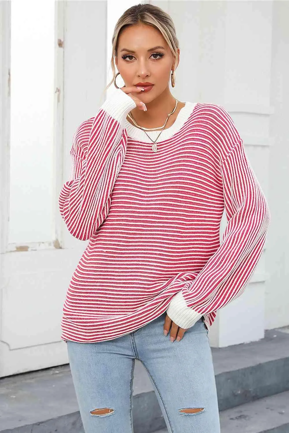 Thermal Crew Neck Striped Knit Sweater