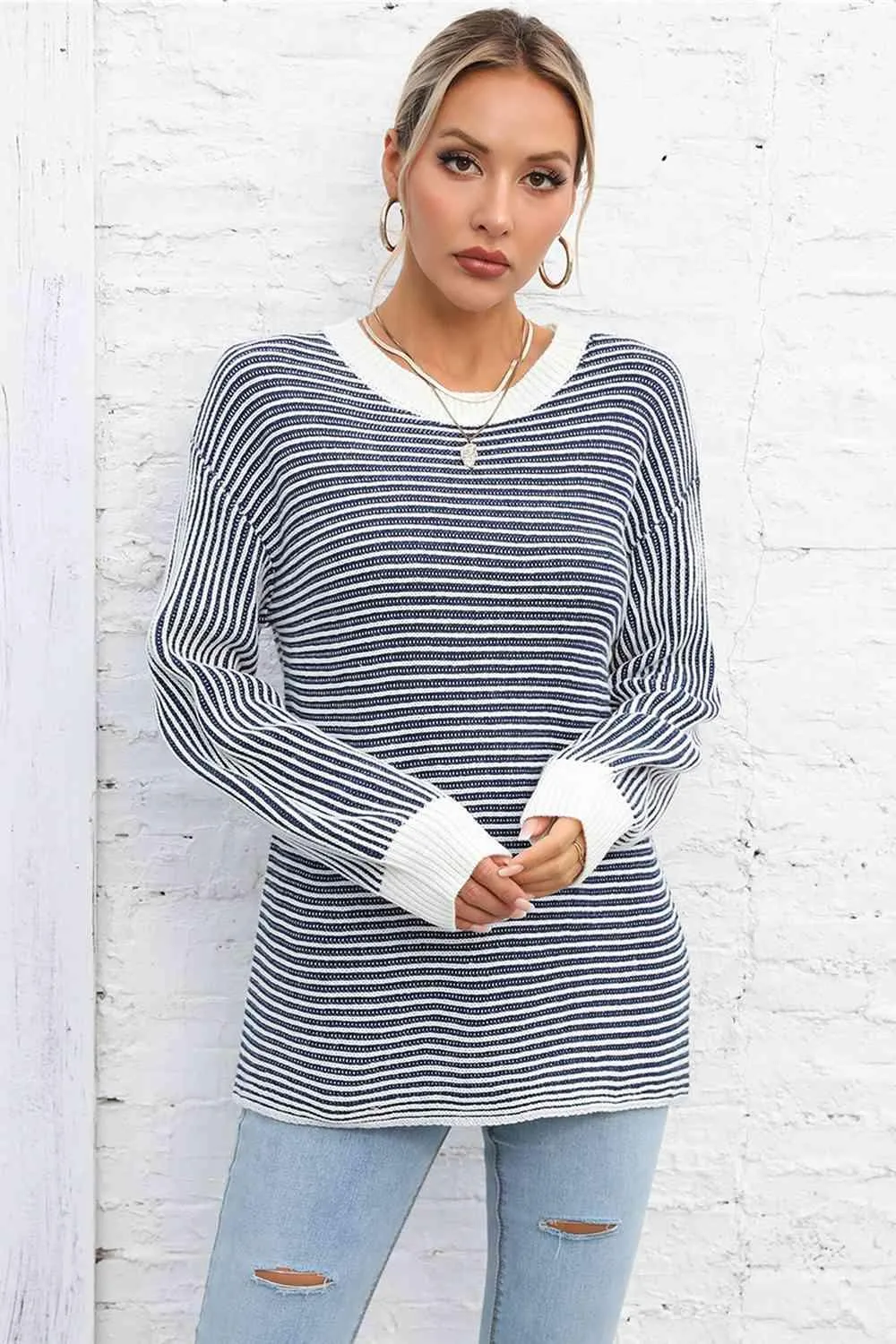 Thermal Crew Neck Striped Knit Sweater