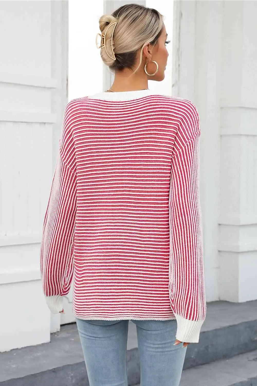 Thermal Crew Neck Striped Knit Sweater