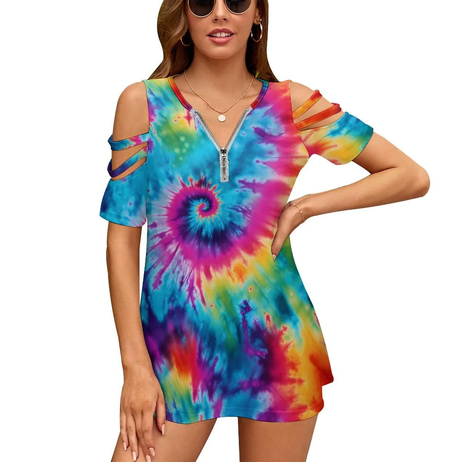 Tie Dye Designs, Women's Zipper T-Shirts, cold shoulder shirt