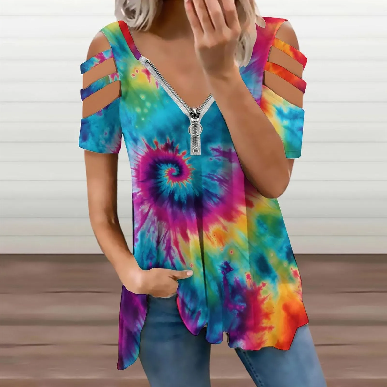 Tie Dye Designs, Women's Zipper T-Shirts, cold shoulder shirt