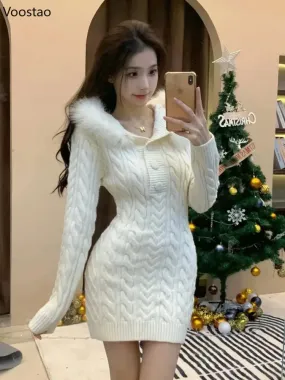 Trendy Fur Hooded Knitted Mini Party Dress