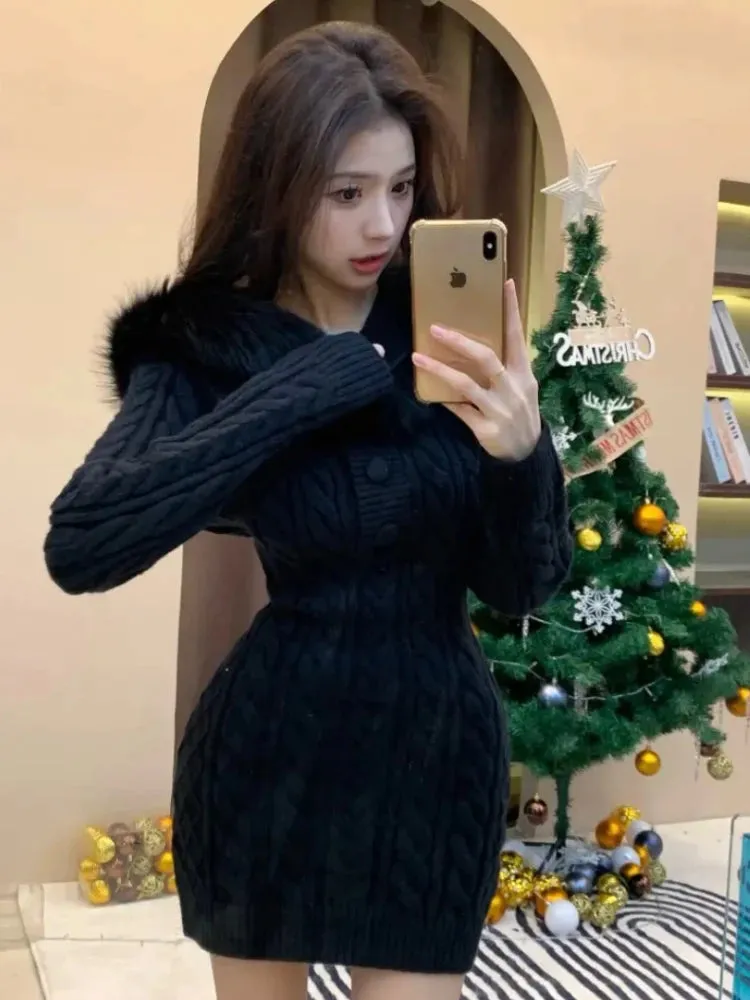 Trendy Fur Hooded Knitted Mini Party Dress