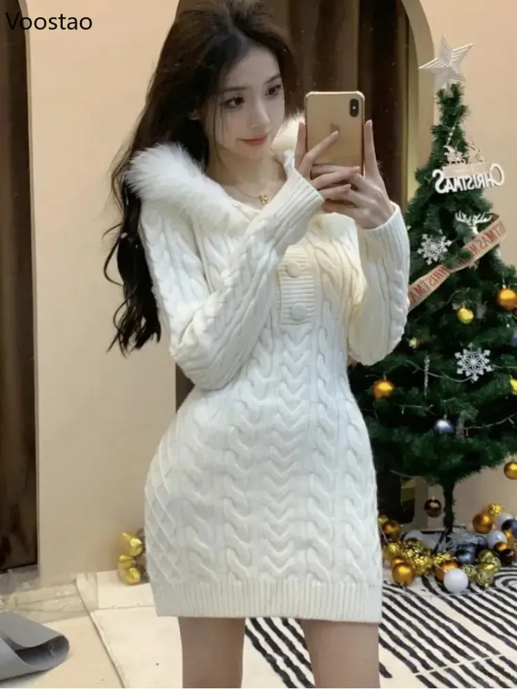 Trendy Fur Hooded Knitted Mini Party Dress