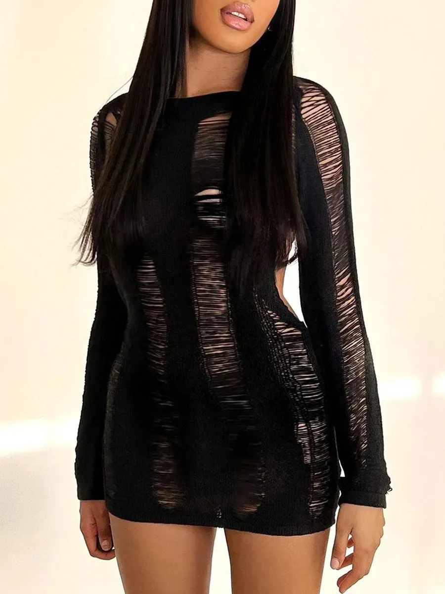 Trendy Knitted Hollow Out Backless Mini Party Dress