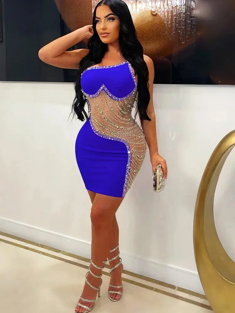 Trendy Mesh Pearls Rhinestone Party Dress