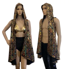 Unisex Hooded Sleeveless Rave Kimono Robe - Gold Glass Pane Holographic
