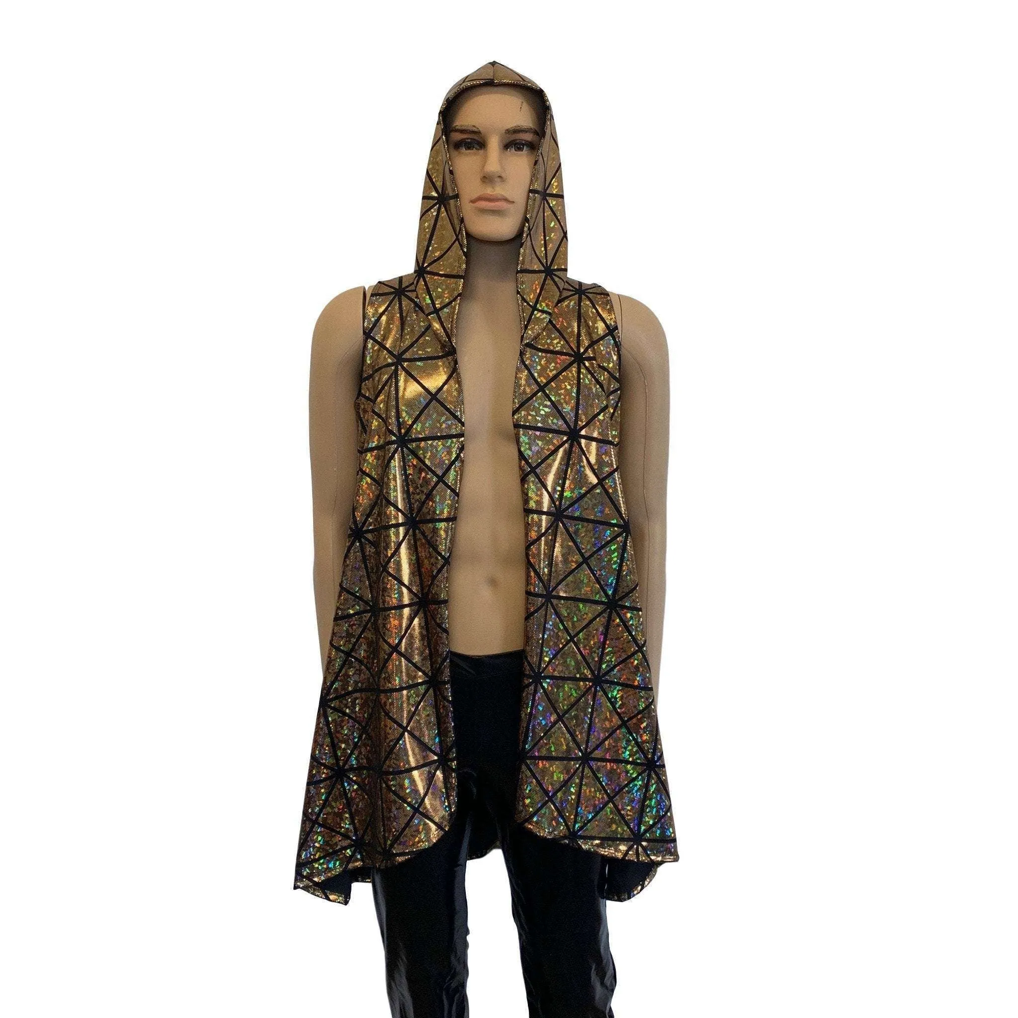 Unisex Hooded Sleeveless Rave Kimono Robe - Gold Glass Pane Holographic