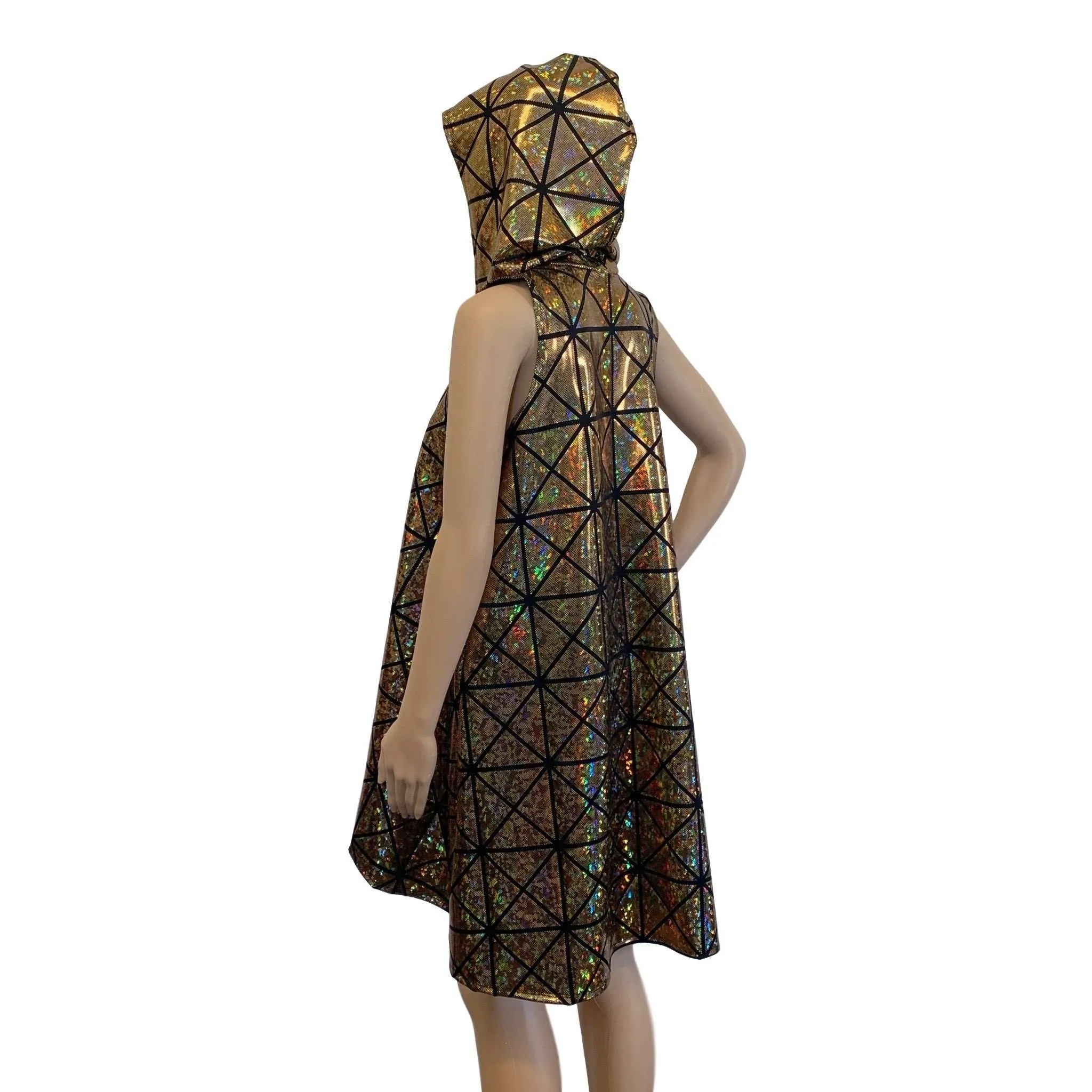 Unisex Hooded Sleeveless Rave Kimono Robe - Gold Glass Pane Holographic