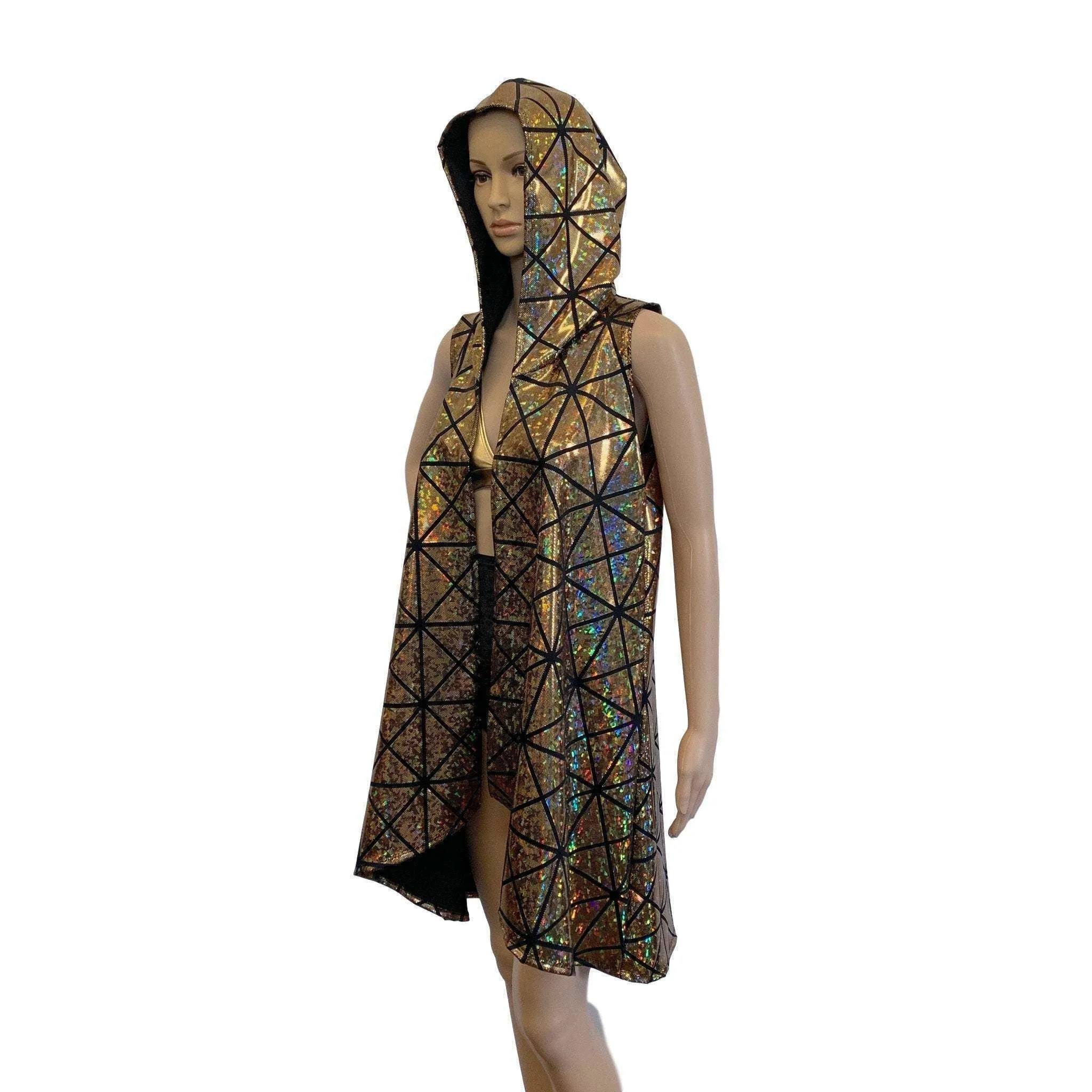 Unisex Hooded Sleeveless Rave Kimono Robe - Gold Glass Pane Holographic