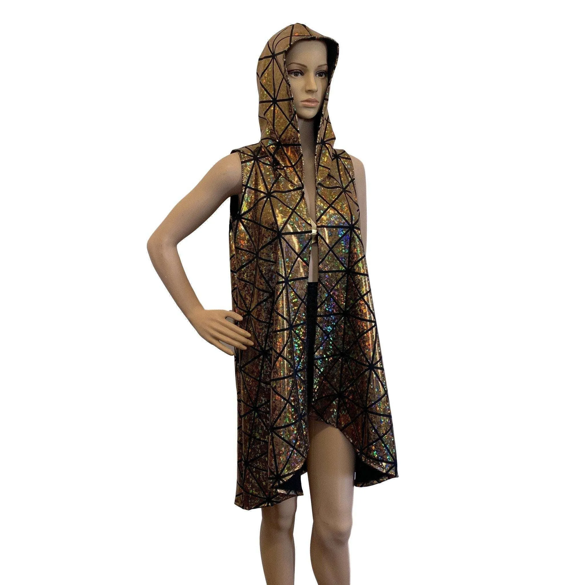 Unisex Hooded Sleeveless Rave Kimono Robe - Gold Glass Pane Holographic