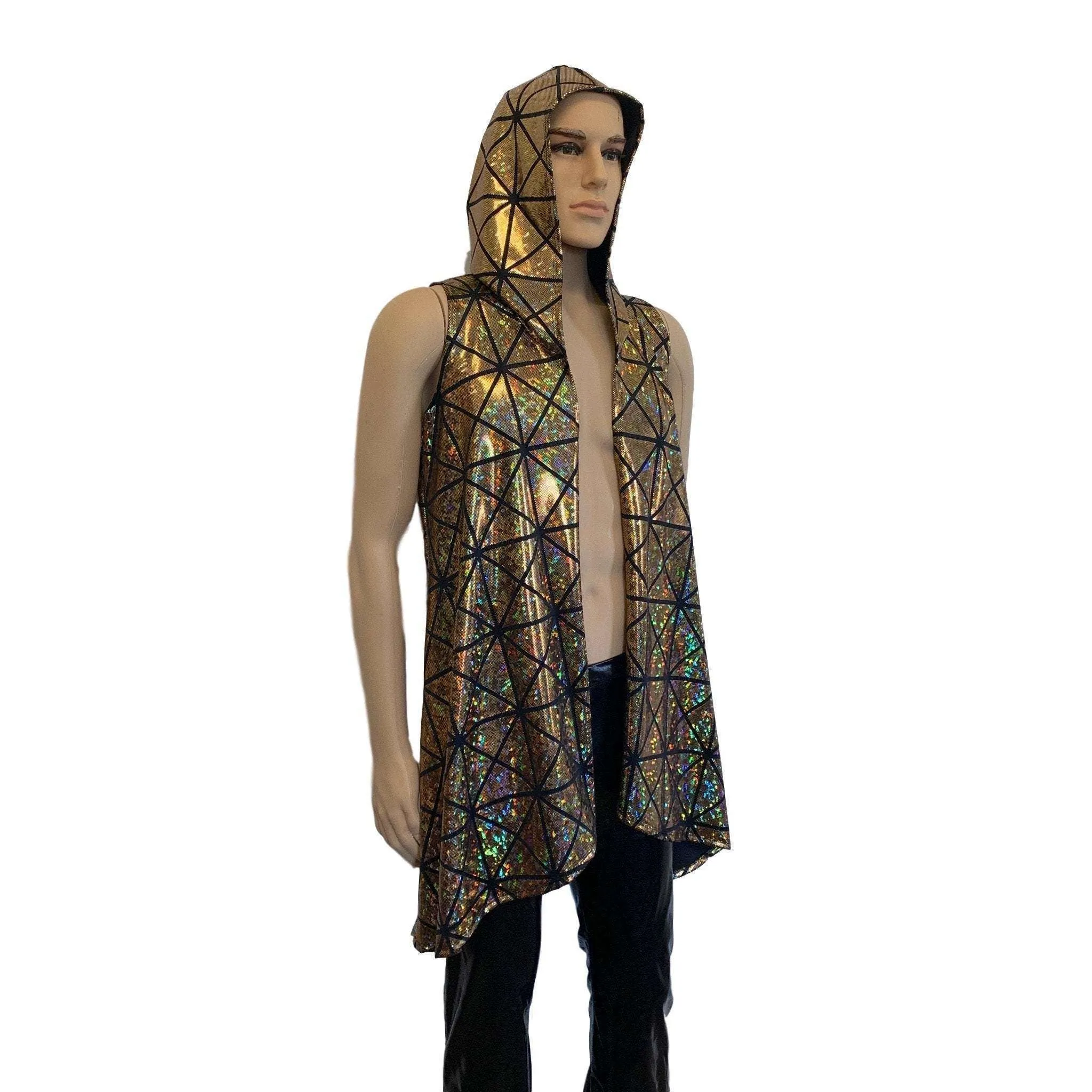 Unisex Hooded Sleeveless Rave Kimono Robe - Gold Glass Pane Holographic