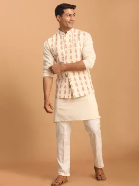 VASTRAMAY Men's Cream Leaf Printed Pure Cotton Nehru Jacket With Short Kurta And Pant Set
