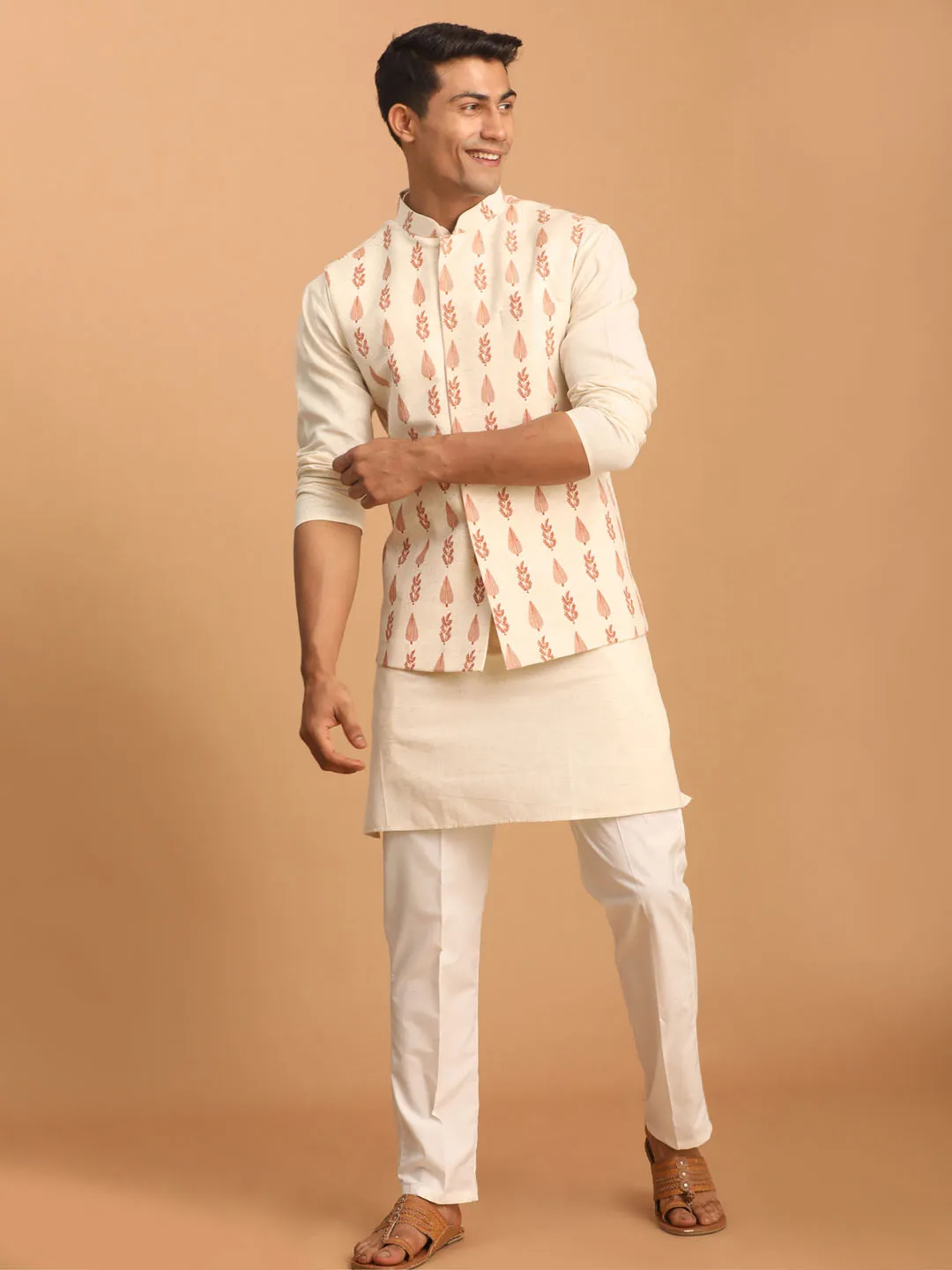 VASTRAMAY Men's Cream Leaf Printed Pure Cotton Nehru Jacket With Short Kurta And Pant Set