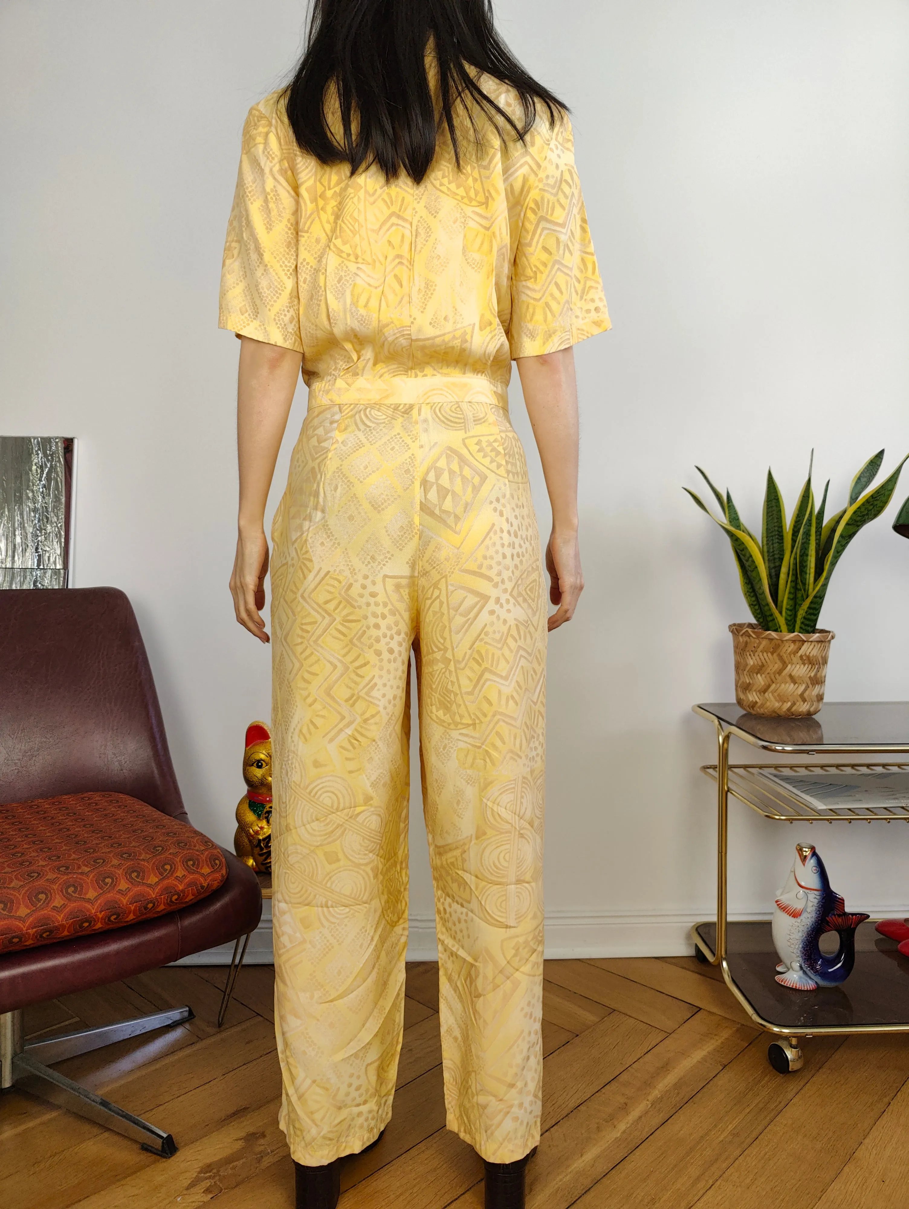 Vintage viscose jumpsuit viscose yellow print pattern overall onesie EU38 S