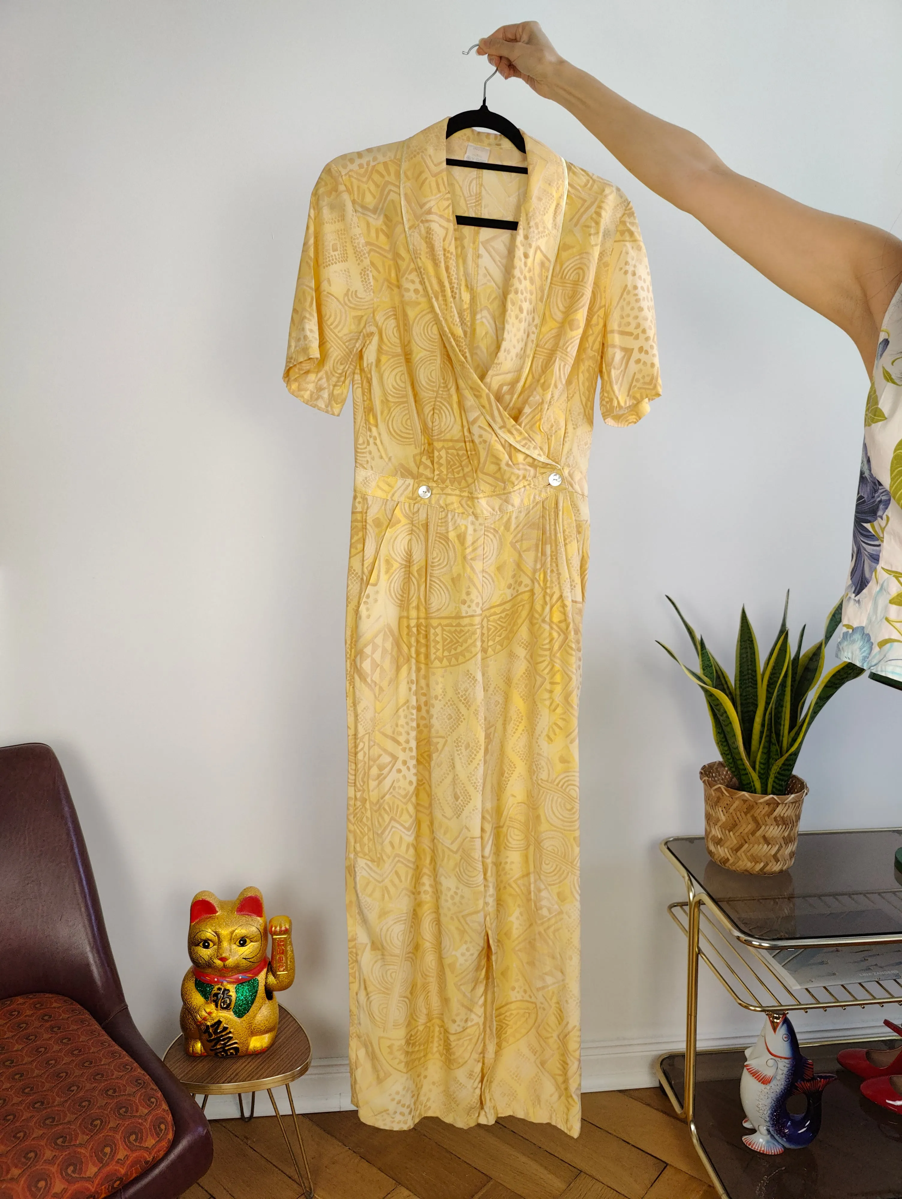 Vintage viscose jumpsuit viscose yellow print pattern overall onesie EU38 S