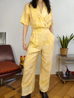Vintage viscose jumpsuit viscose yellow print pattern overall onesie EU38 S