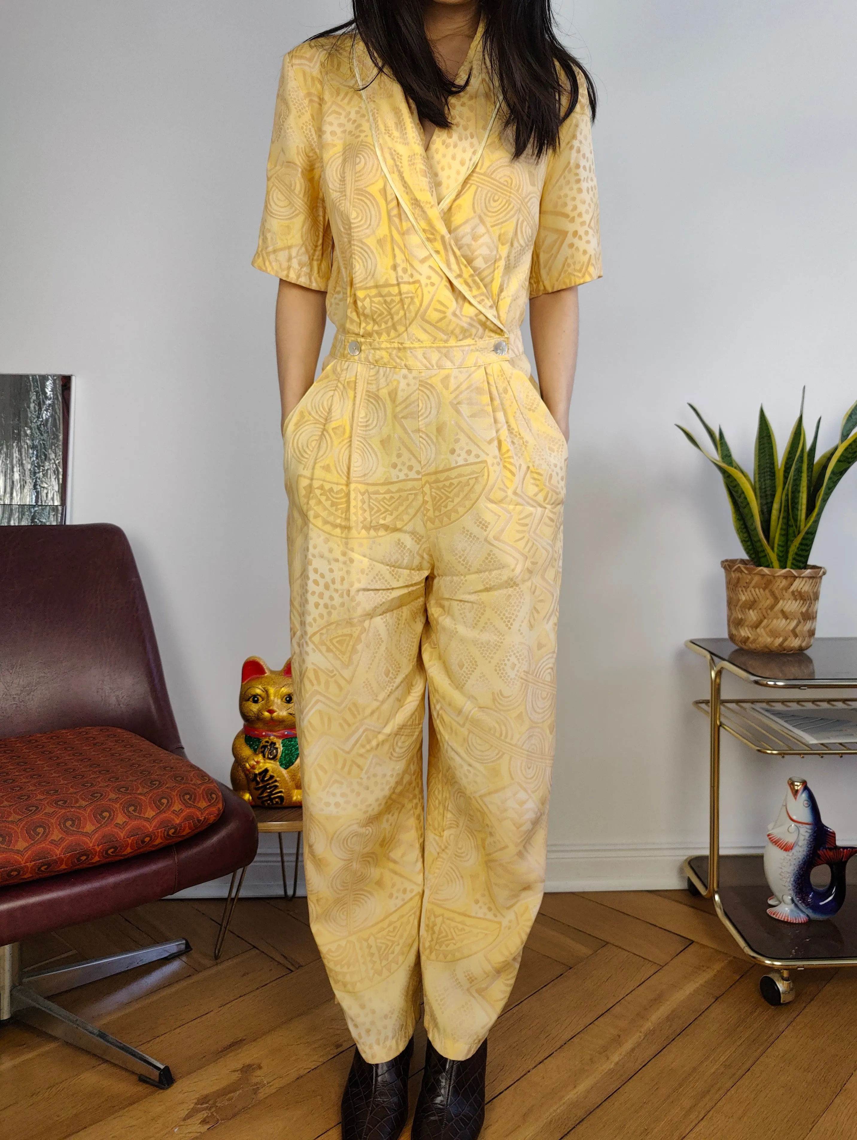Vintage viscose jumpsuit viscose yellow print pattern overall onesie EU38 S