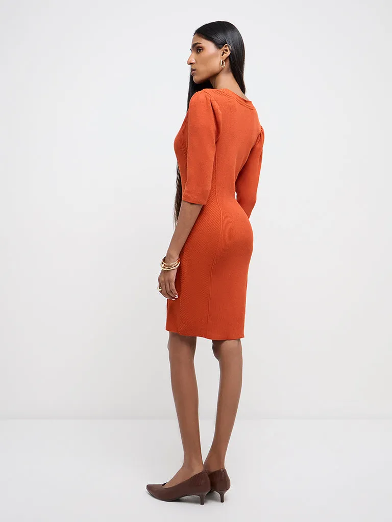Wardrobe Orange Ribbed-Textured Bodycon Dress