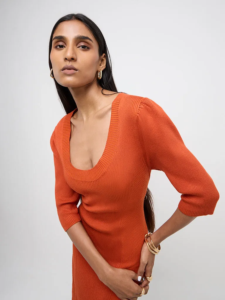 Wardrobe Orange Ribbed-Textured Bodycon Dress