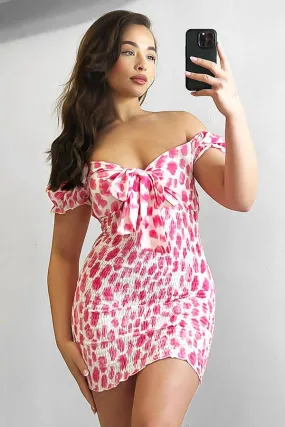 WATERCOLOUR PRINT SHIRRED PEEK-A-BOO PINK BODYCON DRESS