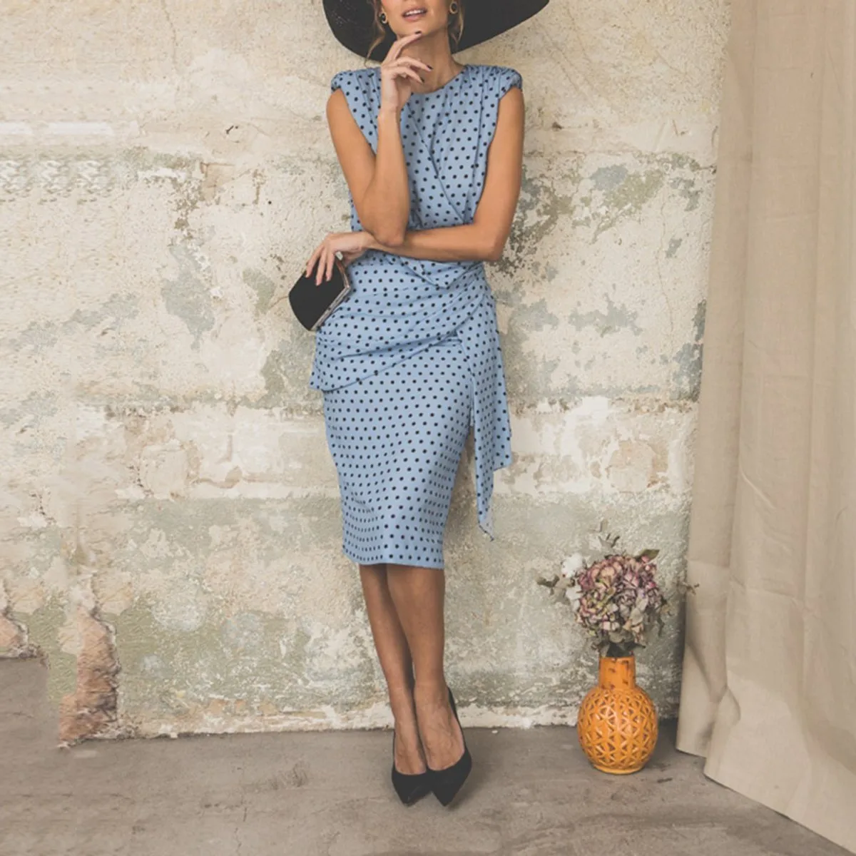 Wave Point Sleeveless Elegant Bodycon Dress