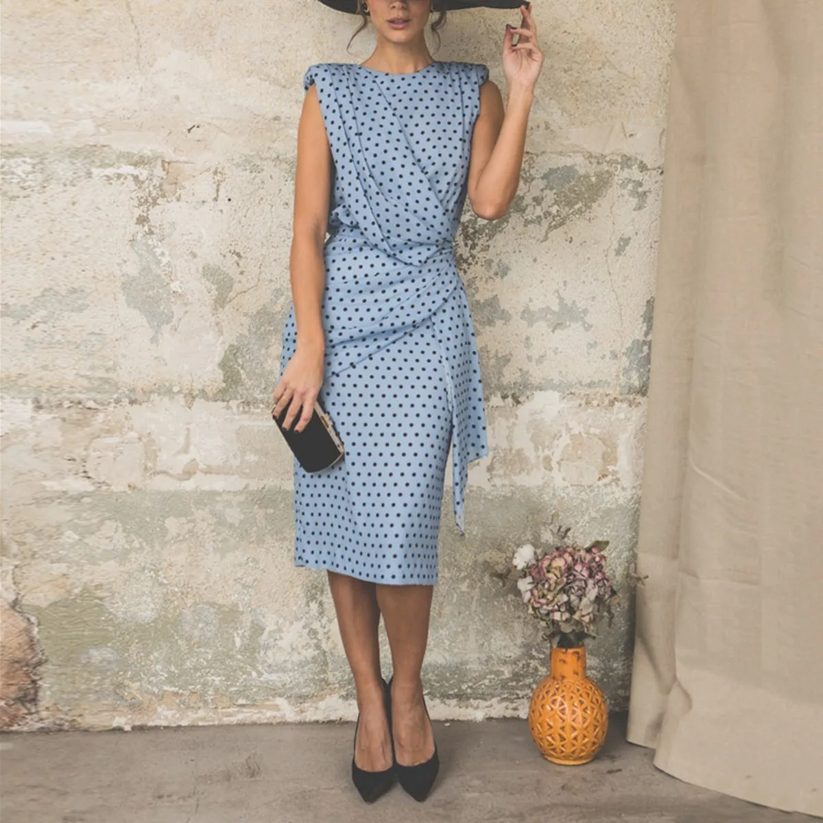 Wave Point Sleeveless Elegant Bodycon Dress