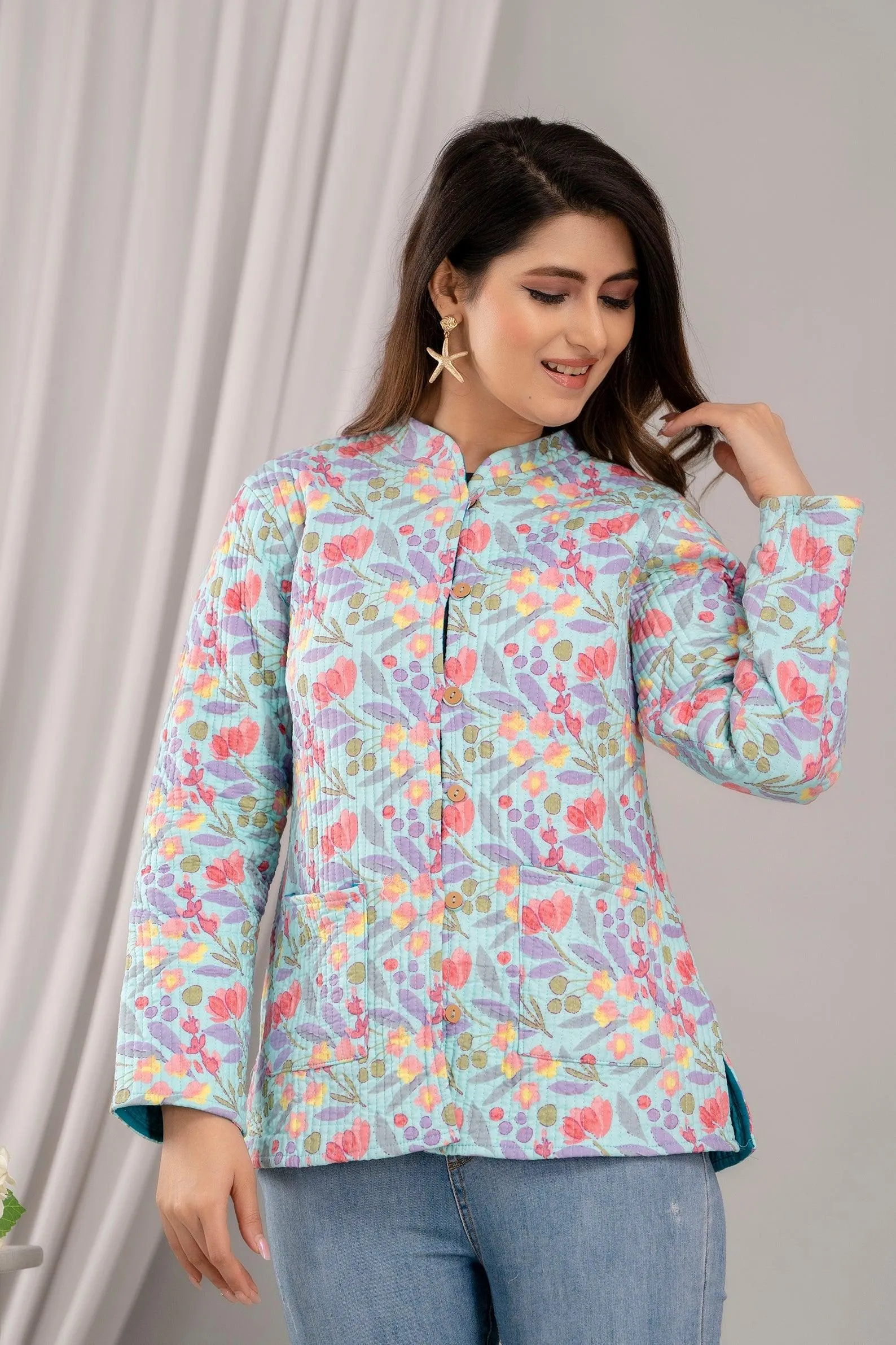Women Printed Lightweight Cotton Quilted Multicolor Jacket - SHKL1021