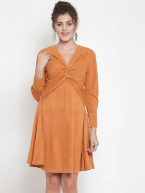 Women Solid Rust Round Neck Dress