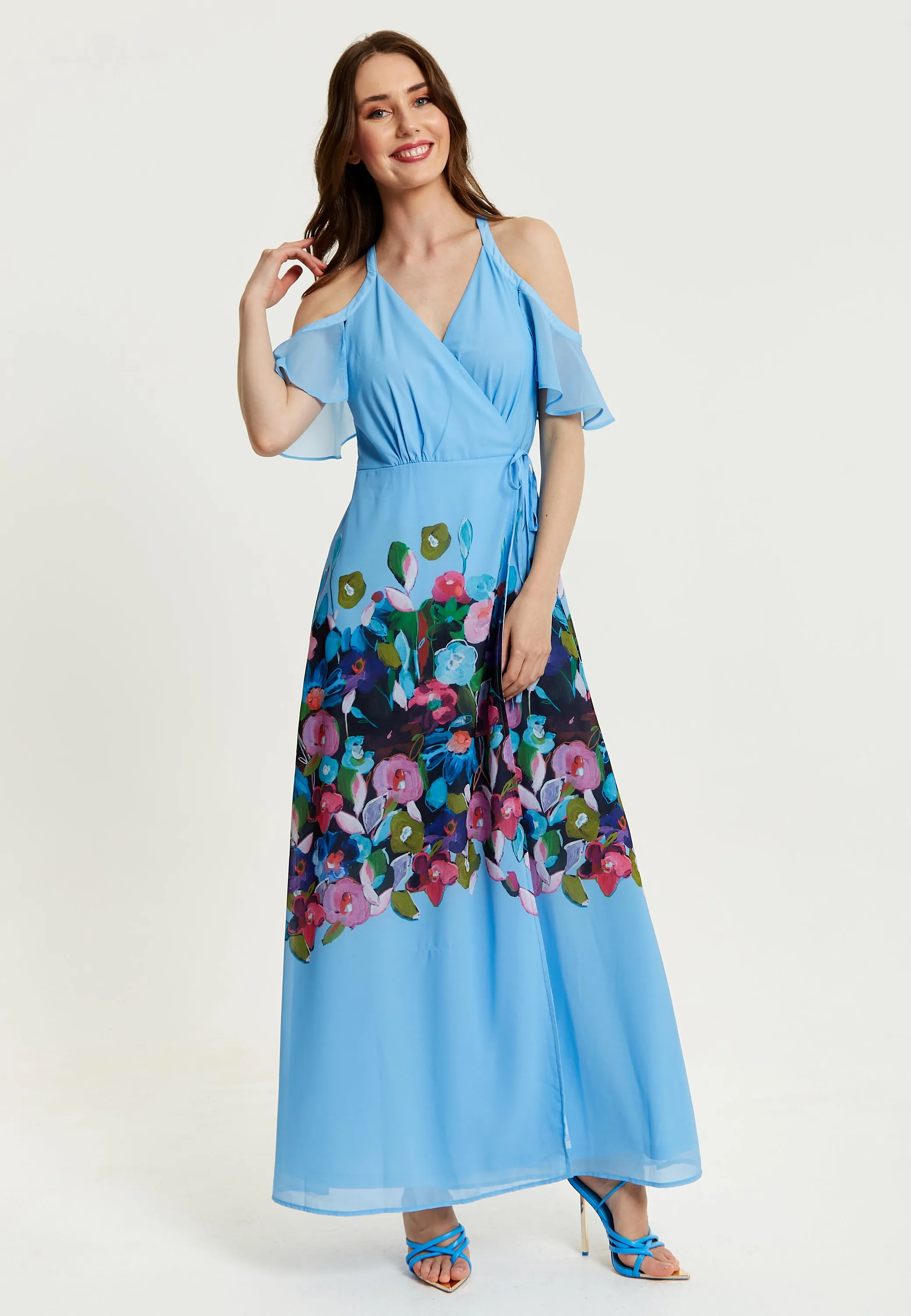 Women's Maxi Dress with Frill Details in Blue, Cold Shoulder and Sleeveless Design, Floral Print - Liquorish