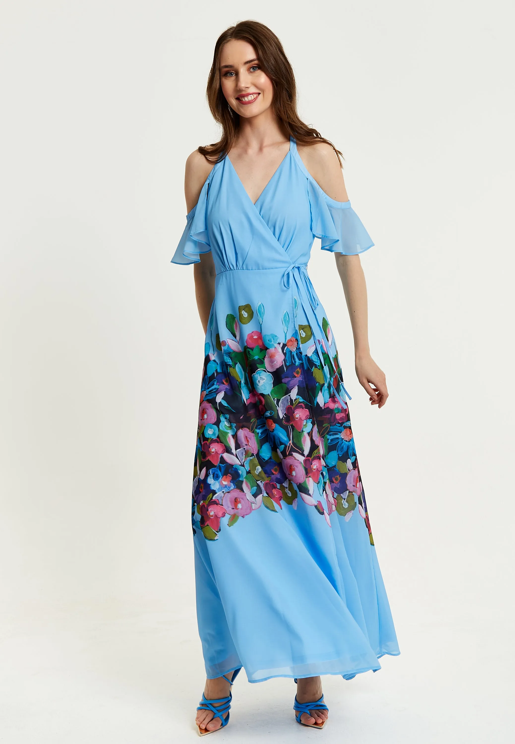 Women's Maxi Dress with Frill Details in Blue, Cold Shoulder and Sleeveless Design, Floral Print - Liquorish