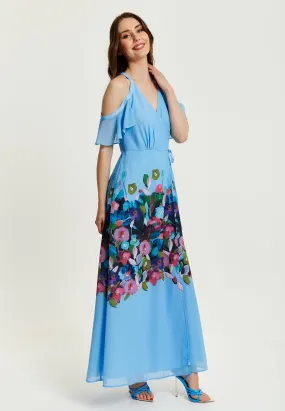 Women's Maxi Dress with Frill Details in Blue, Cold Shoulder and Sleeveless Design, Floral Print - Liquorish