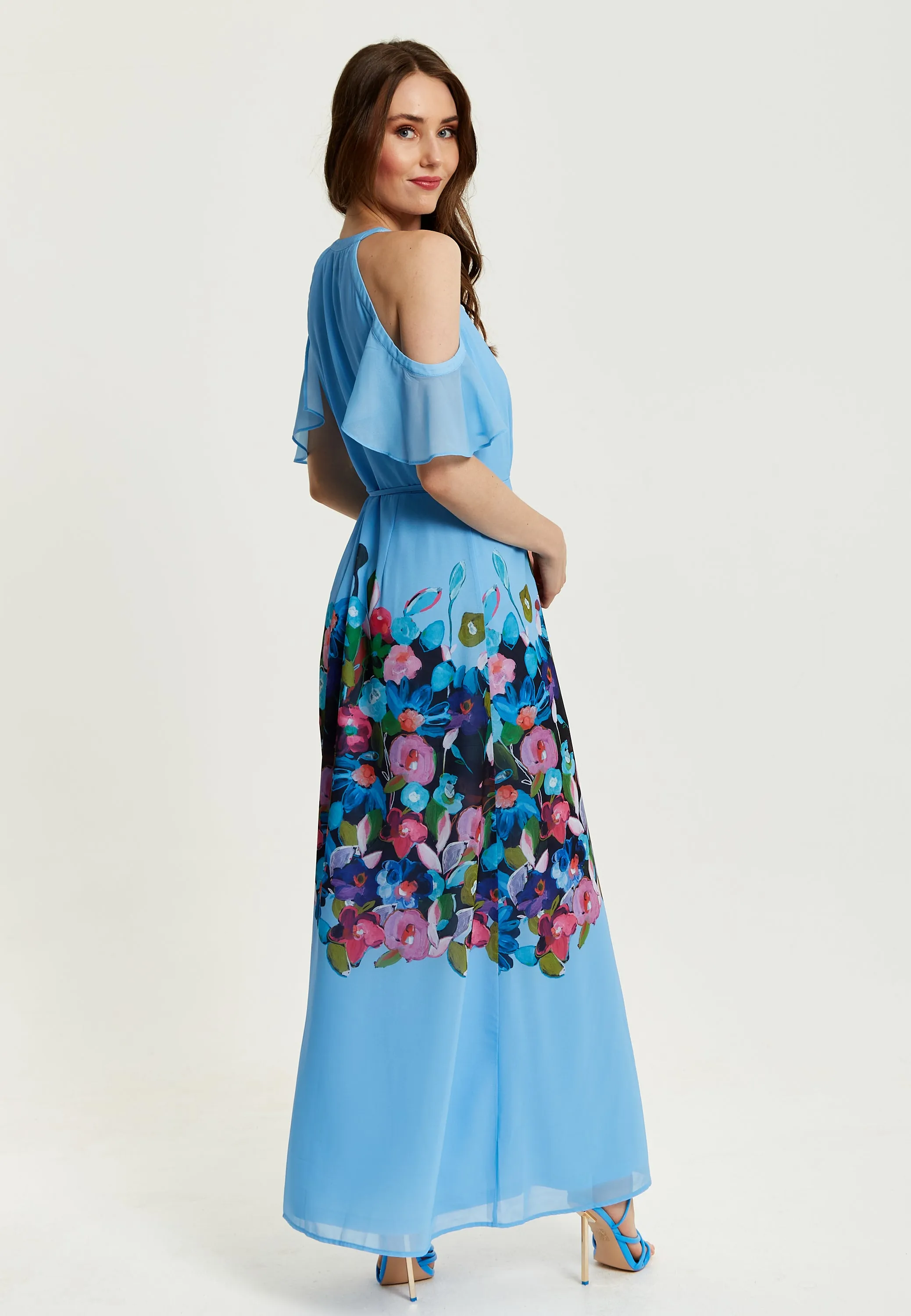 Women's Maxi Dress with Frill Details in Blue, Cold Shoulder and Sleeveless Design, Floral Print - Liquorish