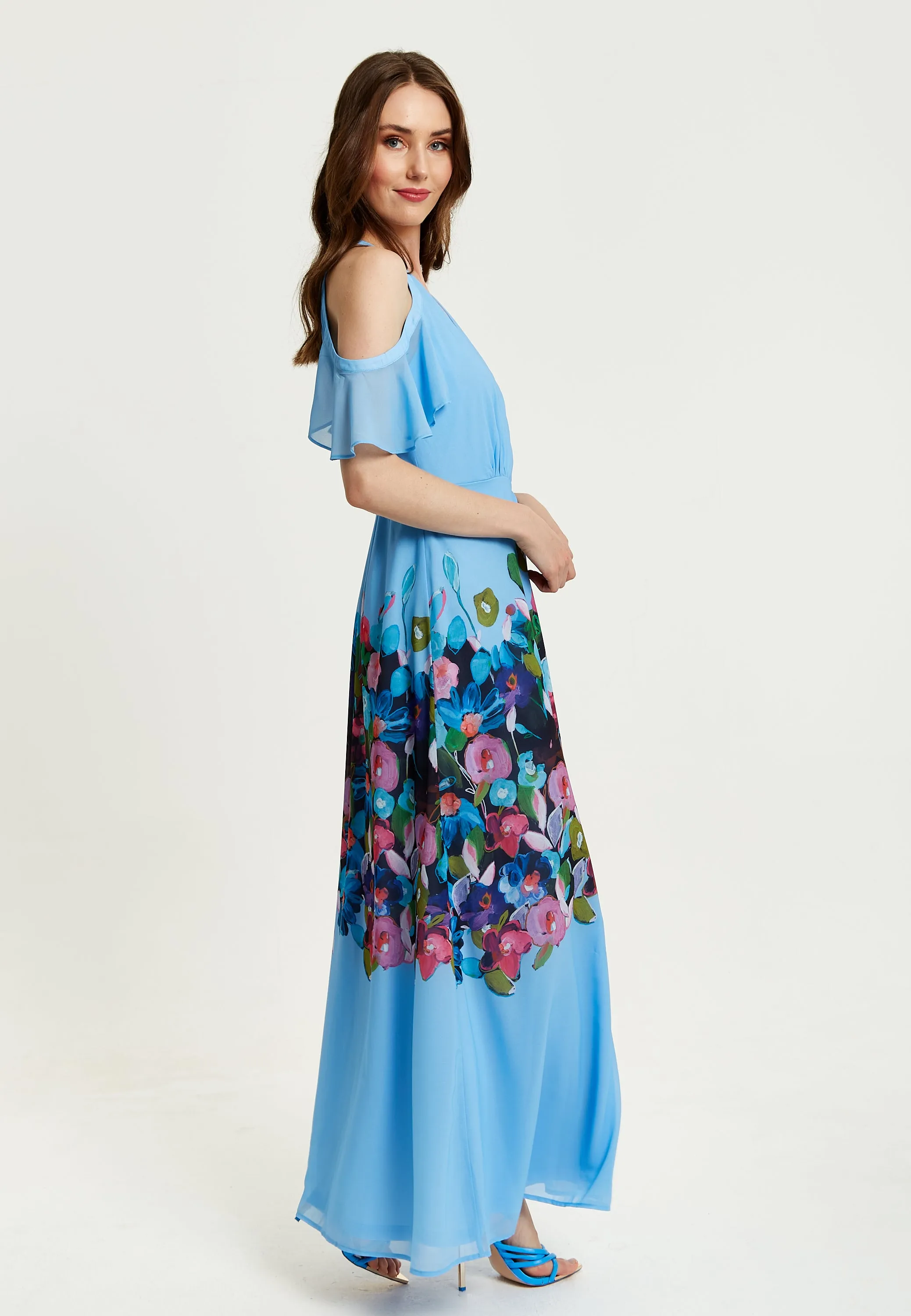 Women's Maxi Dress with Frill Details in Blue, Cold Shoulder and Sleeveless Design, Floral Print - Liquorish