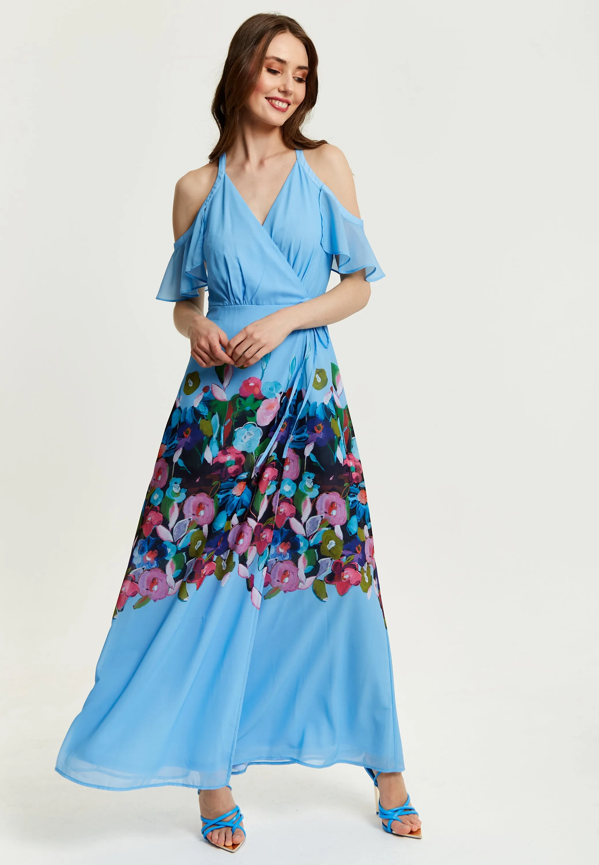 Women's Maxi Dress with Frill Details in Blue, Cold Shoulder and Sleeveless Design, Floral Print - Liquorish