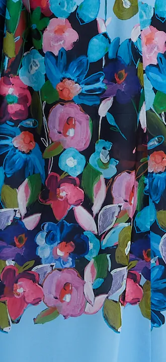 Women's Maxi Dress with Frill Details in Blue, Cold Shoulder and Sleeveless Design, Floral Print - Liquorish