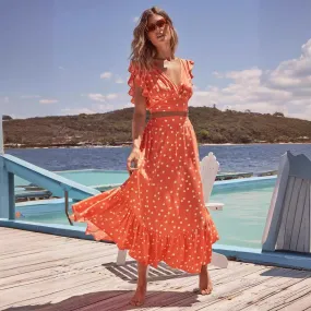 Women's Polka Dot V-Neck Crop Top with Maxi Skirt Set