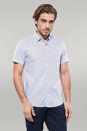 WSS Blue Floral Patterned Short Sleeve White Men Shirt  - Singen