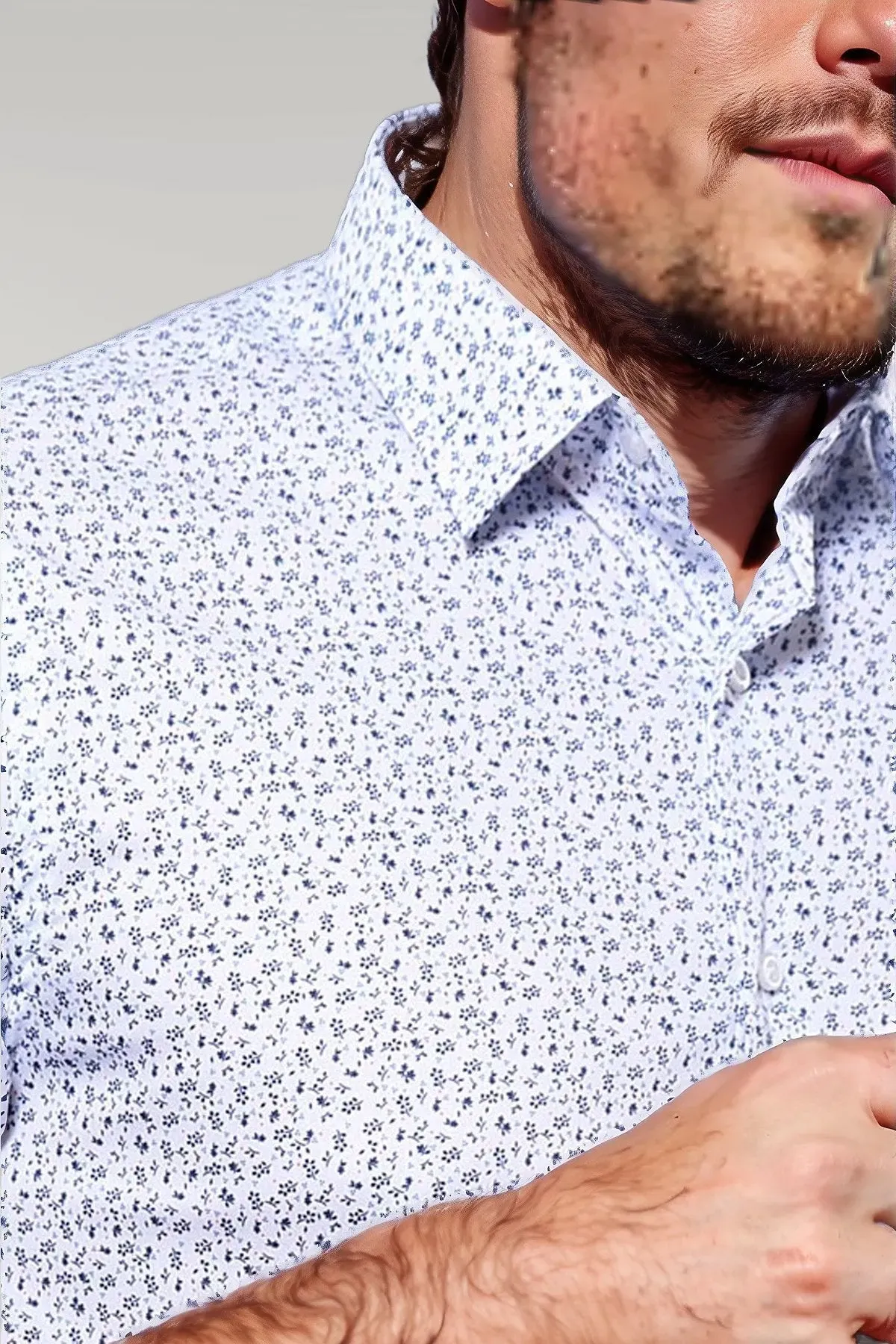 WSS Blue Floral Patterned Short Sleeve White Men Shirt  - Singen