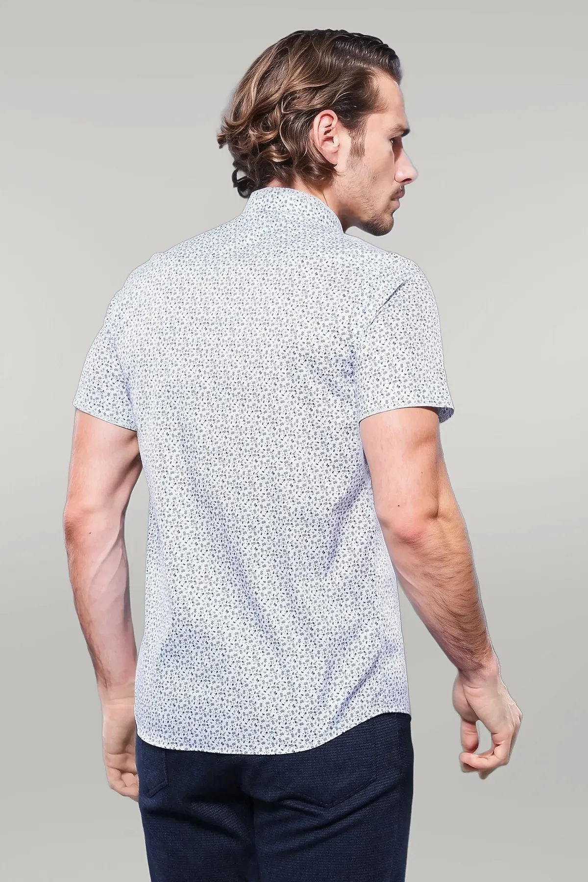 WSS Blue Floral Patterned Short Sleeve White Men Shirt  - Singen