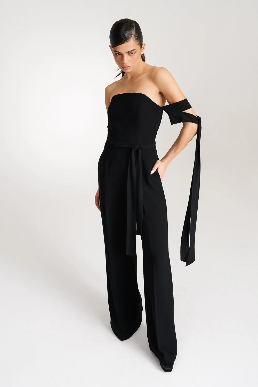 'Zelia' Strapless Crepe Black Jumpsuit